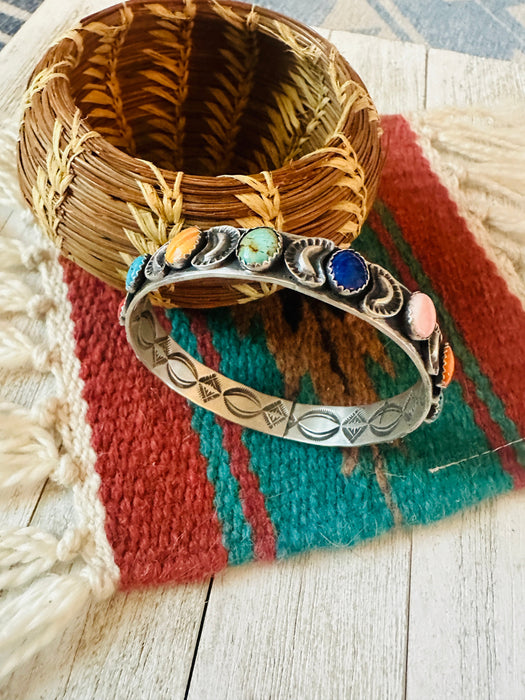 Navajo Multi Stone & Sterling Silver Bangle Bracelet Signed Lerry James