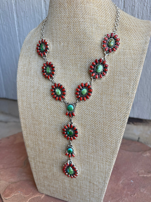 Beautiful Handmade Sterling Silver, Coral & Sonoran Turquoise Lariat Necklace