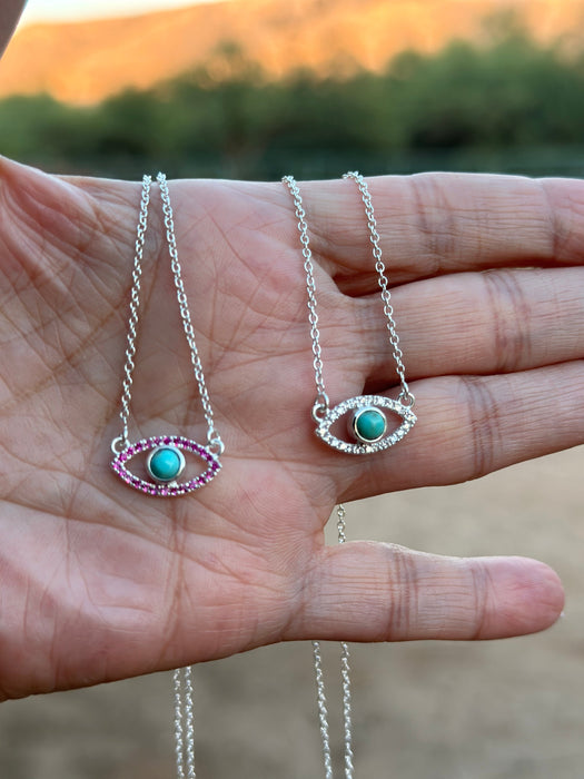 Handmade Sterling Silver Turquoise and CZ Evil Eye Necklace