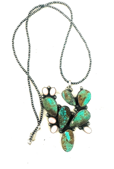 Navajo Sterling Silver, Royston Turquoise & Queen Pink Cactus Necklace