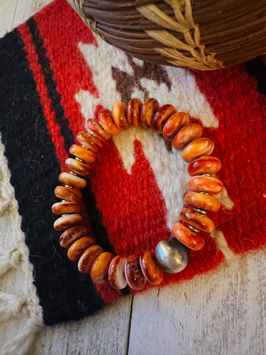 Navajo Orange Spiny & Sterling Silver Beaded Stretch Bracelet