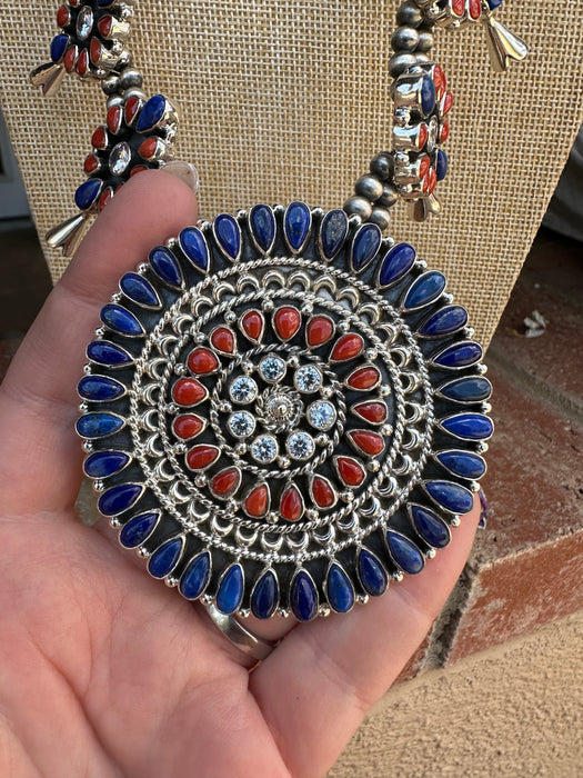 4th Of July Collection Handmade Sterling Silver, Lapis, Coral & CZ Blossom Necklace