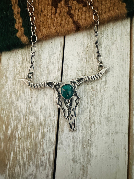 Navajo Sterling Silver & Turquoise Bullhead Necklace