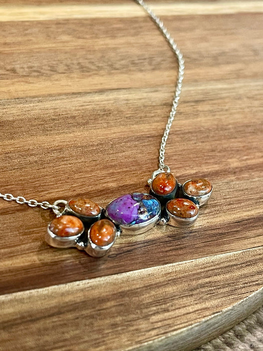 Handmade Sterling Silver, Purple Mojave & Orange Mojave Bar Necklace