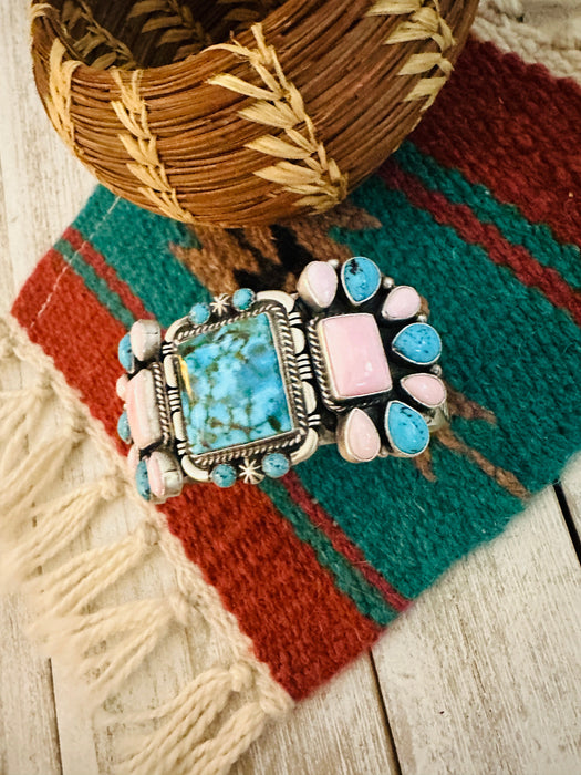 Navajo Sterling Silver, Turquoise & Queen Pink Conch Cuff Bracelet