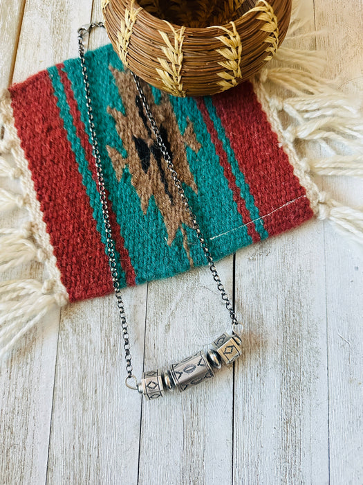 Navajo Hand Stamped Sterling Silver Beaded Chain Necklace