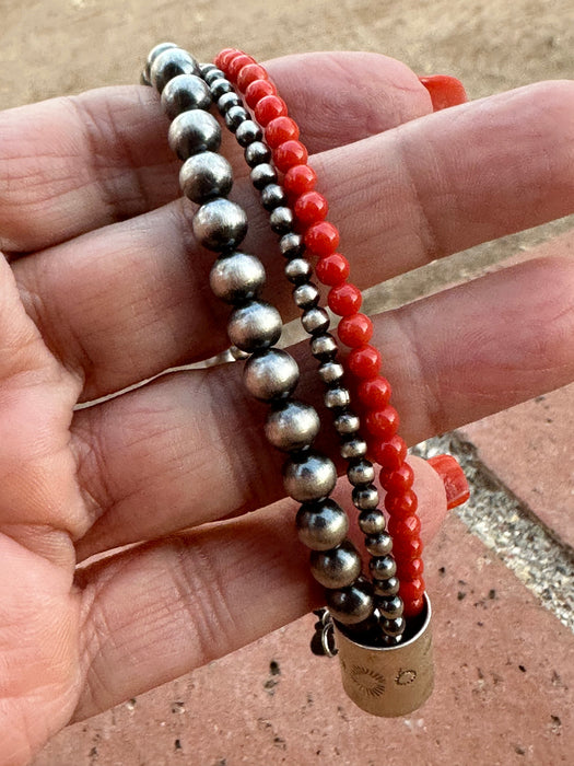 Handmade Sterling Silver, Pearl, Lapis and Coral Beaded Bracelet