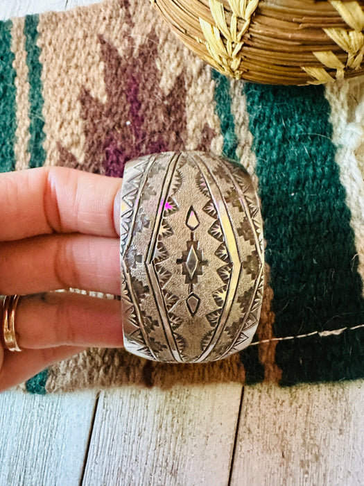 Vintage Old Pawn Navajo Hand Stamped Sterling Silver Cuff Bracelet