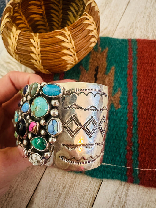 Navajo Multi Stone & Sterling Silver Cluster Cuff Bracelet