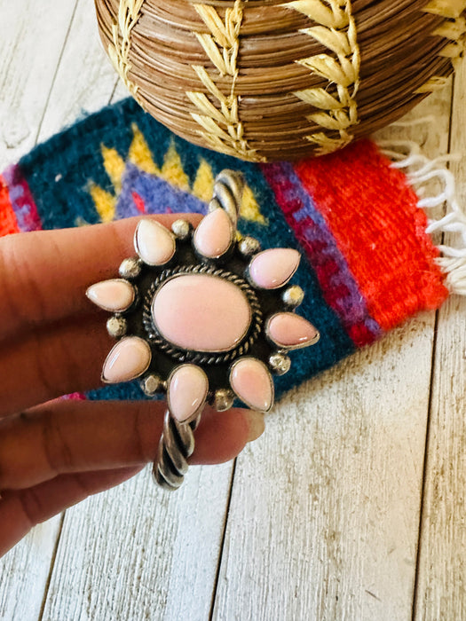 Navajo Queen Pink Conch Shell & Sterling Silver Cluster Cuff Bracelet