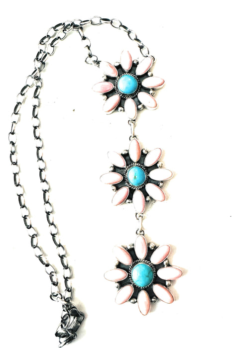 Navajo Sterling Silver, Queen Pink Conch & Turquoise Lariat Necklace