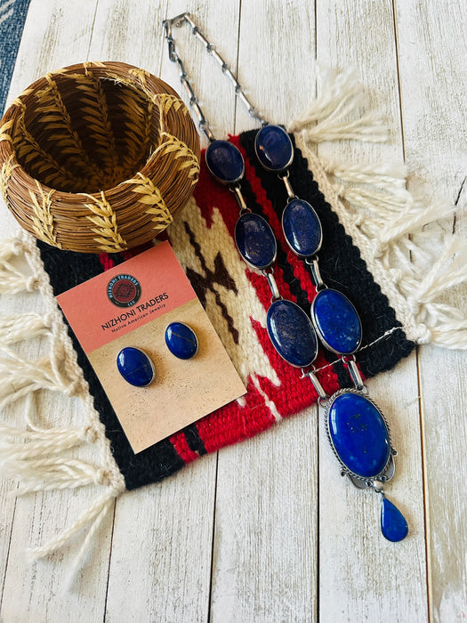 Navajo Lapis & Sterling Silver Cluster Necklace Set by Alex James