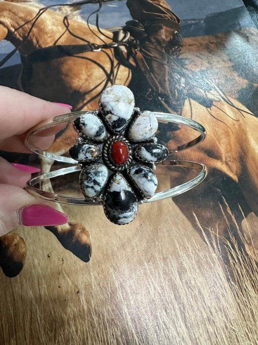 Handmade Sterling Silver, White Buffalo & Coral Adjustable Cuff Bracelet