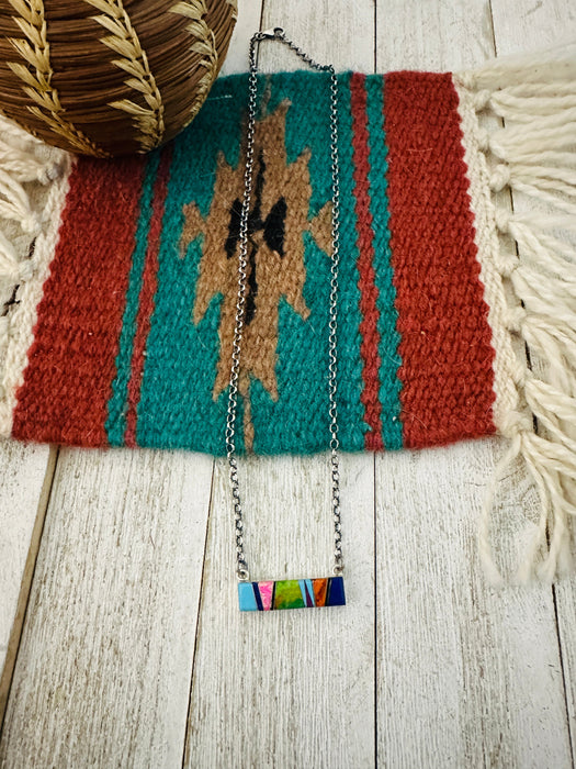 Navajo Multi Stone & Sterling Silver Inlay Bar Necklace