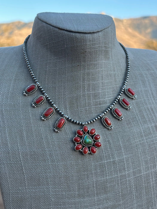 Beautiful Handmade Sterling Silver, Sonoran Turquoise & Coral Necklace