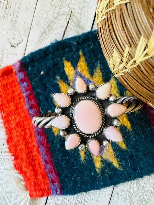 Navajo Queen Pink Conch Shell & Sterling Silver Cluster Cuff Bracelet