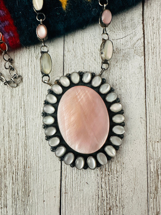 Navajo Sterling Silver, Queen Pink Conch & Mother of Pearl Necklace by Jacqueline Silver