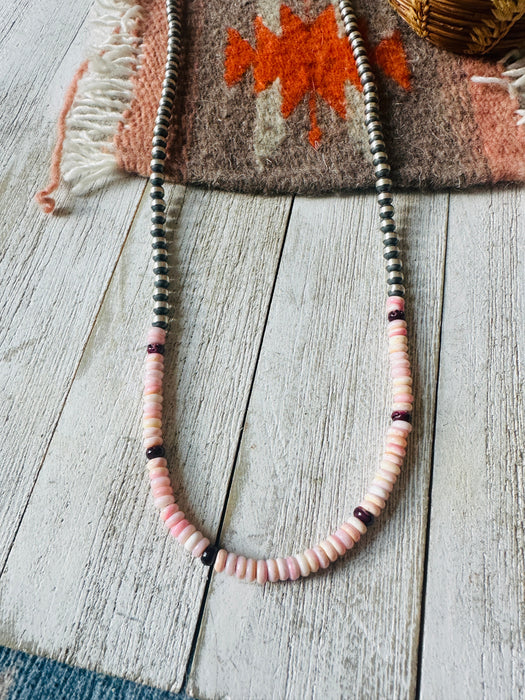 Navajo Sterling Silver Pearl, Queen Pink Conch & Spiny Beaded 30” Necklace