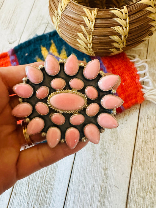 Navajo Queen Pink Conch Shell & Sterling Silver Cluster Cuff Bracelet