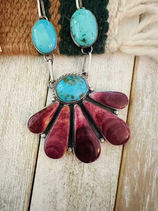 Navajo Sterling Silver, Spiny Oyster & Turquoise Necklace Set