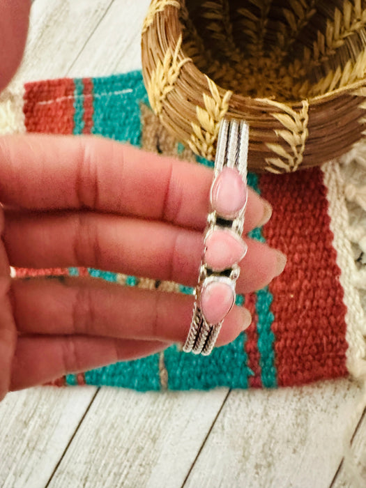 Navajo Queen Pink Conch Shell & Sterling Silver Heart Cuff Bracelet