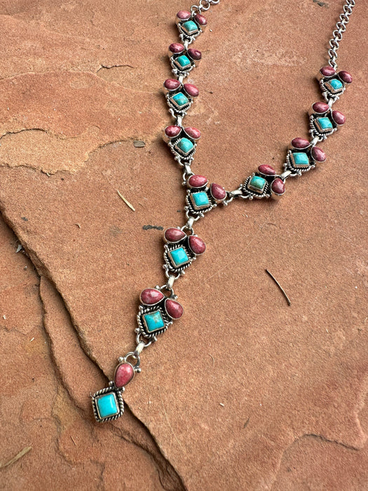 Handmade Rhodonite, Turquoise & Sterling Silver Lariat Necklace Signed Nizhoni