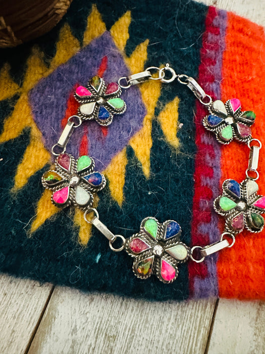 Zuni Multicolor Opal & Sterling Silver Flower Link Bracelet