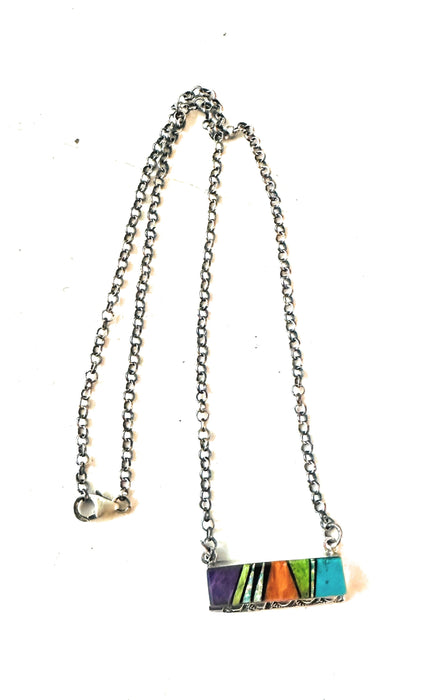 Navajo Multi Stone & Sterling Silver Inlay Bar Necklace