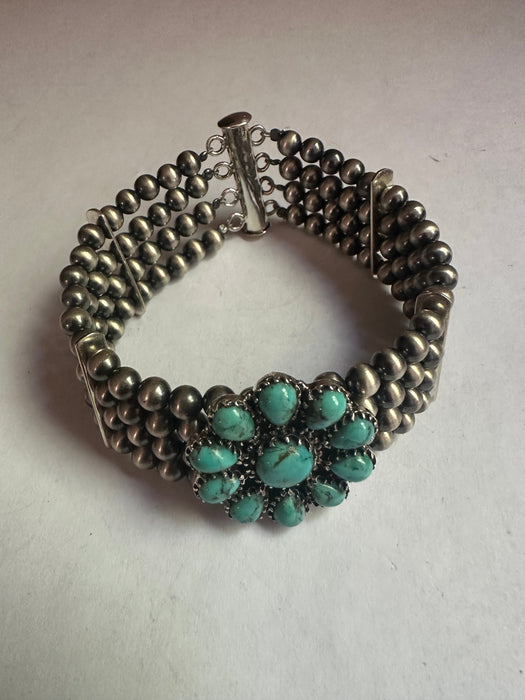 Handmade Sterling Silver & Turquoise Beaded Navajo Pearl Style Bracelet