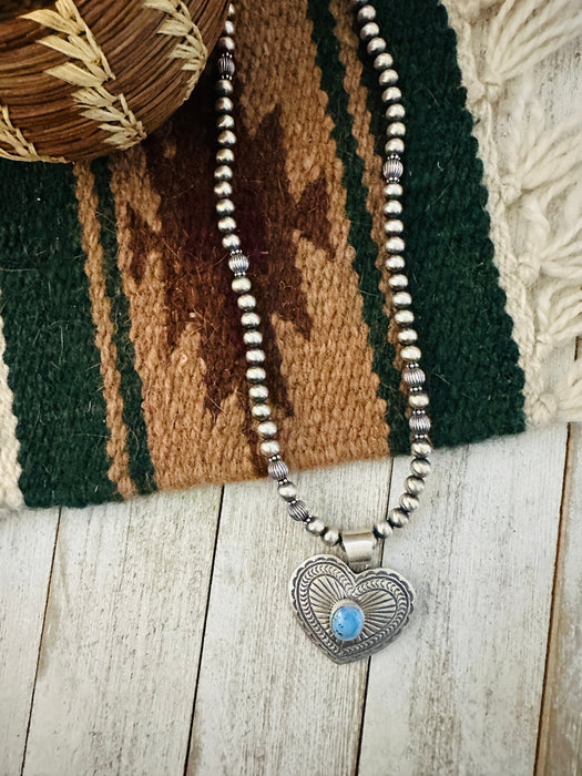 Navajo Golden Hills Turquoise & Sterling Silver Beaded Heart Necklace