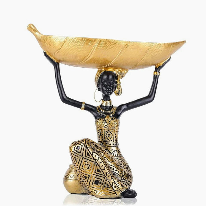 African Resin Figurine Statue Leaf Storage Tray 