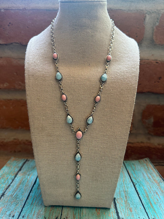 Handmade Sterling Silver, Queen Pink Conch & Larimar Lariat Necklace