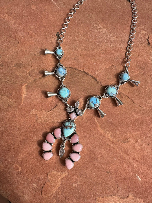 Handmade Sterling Silver, Pink Conch, CZ & Golden Hills Turquoise Squash Blossom Necklace Signed Nizhoni