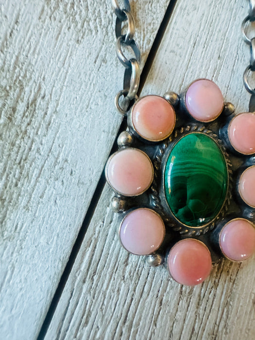 Navajo Sterling Silver, Queen Pink Conch Shell & Malachite Necklace