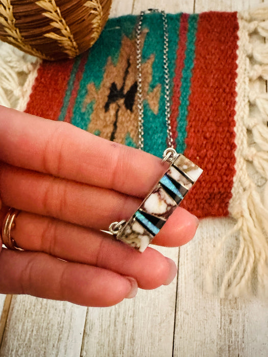 Navajo Multi Stone & Sterling Silver Inlay Bar Necklace