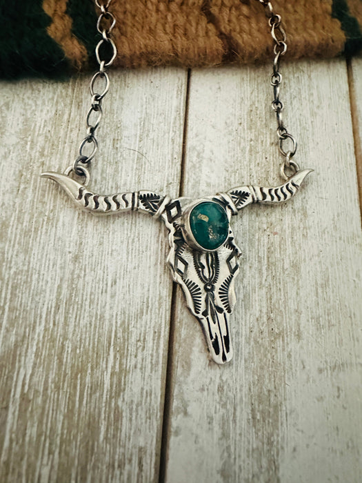 Navajo Sterling Silver & Turquoise Bullhead Necklace