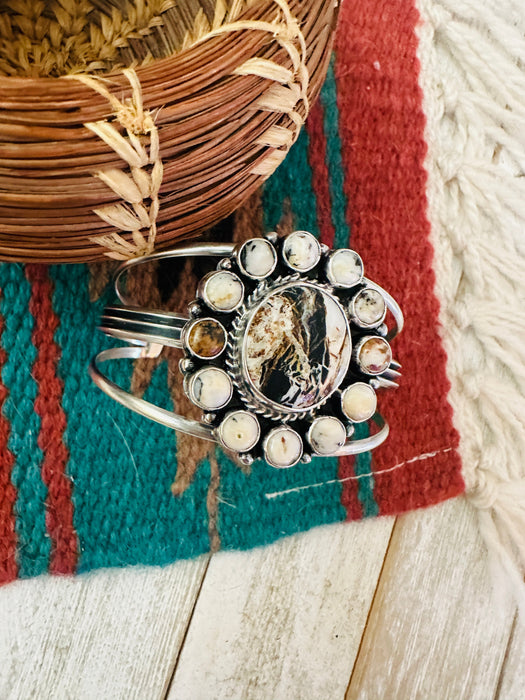 Navajo White Buffalo & Sterling Silver Cluster Cuff Bracelet