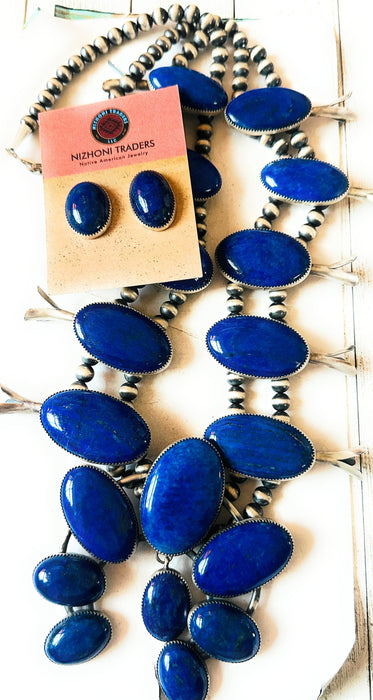 Vintage Old Pawn Navajo Lapis & Sterling Silver Beaded Squash Blossom Necklace Set