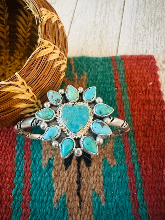 Navajo Turquoise & Sterling Silver Heart Cluster Cuff Bracelet