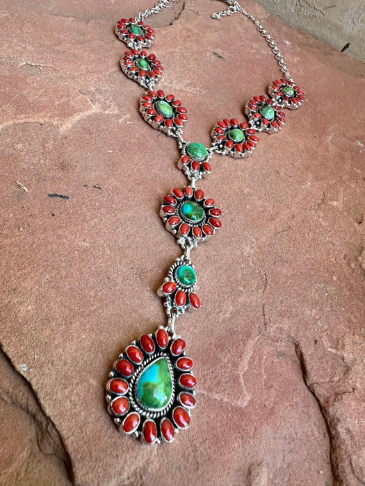 Beautiful Handmade Sterling Silver, Coral & Sonoran Turquoise Lariat Necklace