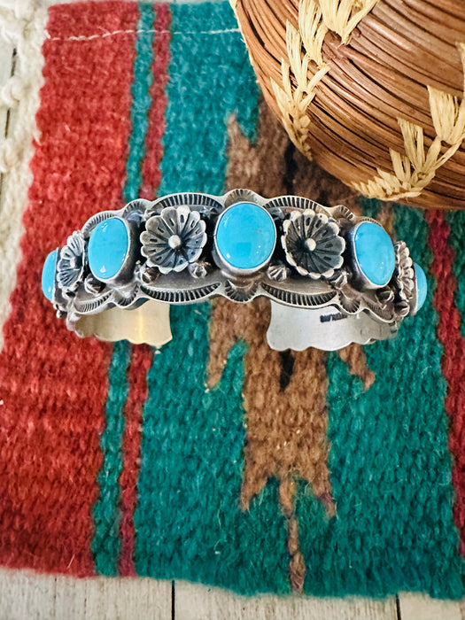 Navajo Turquoise & Sterling Silver Flower Cuff Bracelet