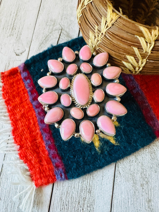 Navajo Queen Pink Conch Shell & Sterling Silver Cluster Cuff Bracelet