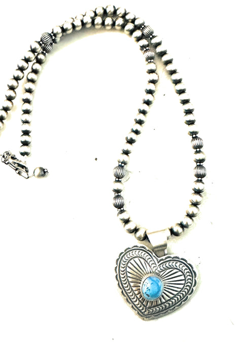 Navajo Golden Hills Turquoise & Sterling Silver Beaded Heart Necklace