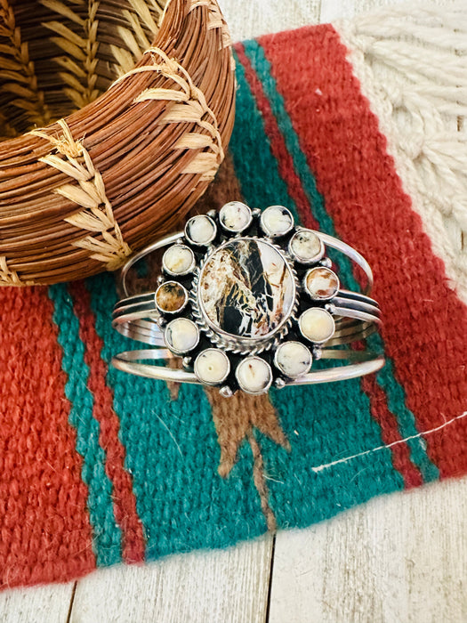 Navajo White Buffalo & Sterling Silver Cluster Cuff Bracelet