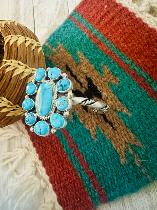 Navajo Kingman Turquoise & Sterling Silver Cluster Cuff Bracelet