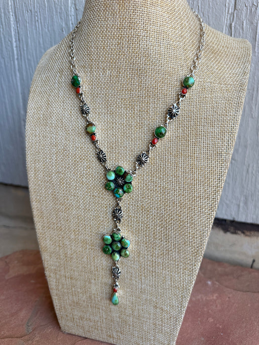 Beautiful Handmade Sterling Silver, Coral & Sonoran Turquoise Lariat Necklace Style C