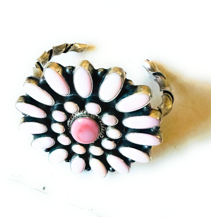 Navajo Queen Pink Conch Shell & Sterling Silver Cluster Cuff Bracelet