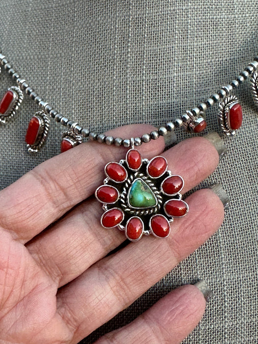 Beautiful Handmade Sterling Silver, Sonoran Turquoise & Coral Necklace