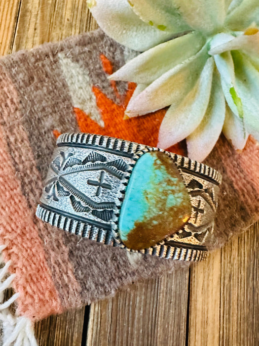 Navajo Royston Turquoise & Sterling Silver Tufa Cast Cuff Bracelet Signed