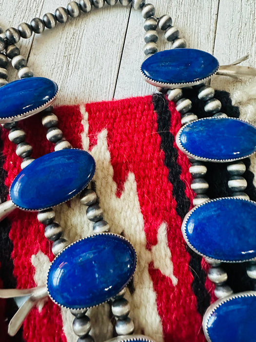 Vintage Old Pawn Navajo Lapis & Sterling Silver Beaded Squash Blossom Necklace Set